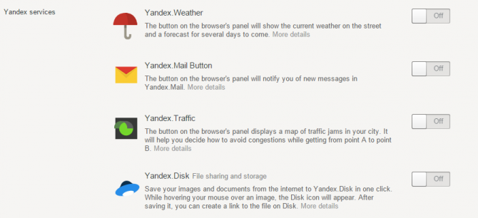 Список модулей Яндекс для активации