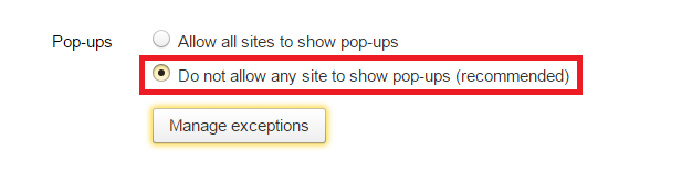 Пункт «Do not allow any site...» раздела «Pop-ups» 