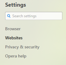 Раздел «Settings» с пунктами Browser, Websites и Privacy & Security 