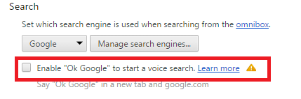 Опция «Enable «Ok, Google» to start a voice search» 