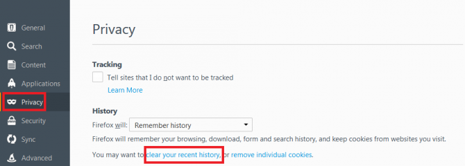 Гиперссылка «Clear recent history» в разделе «Privacy» браузера Firefox