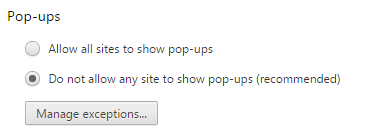 Пункт «do not allow…», отмеченный галочкой, в категории «Pop-ups» браузера Chrome 