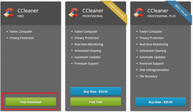 Кнопка «Free Download» для загрузки программы CCleaner
