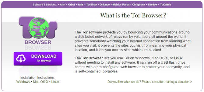 Страничка установки веб-обозревателя Tor browser 
